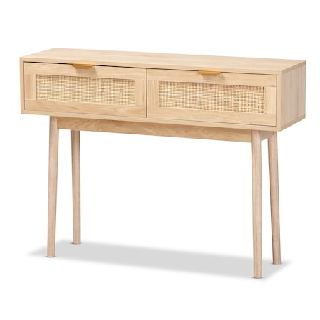 Baxton Studio Baird Mid-Century Modern Light Oak Brown Finished Wood and Rattan 2-Drawer Console Table 176-11250-Zoro